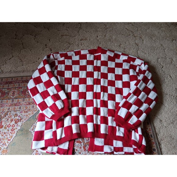 1980s Style Red White Checkered Open Front Cardigan Size L Soft Thick Fabric - Picture 4 of 4